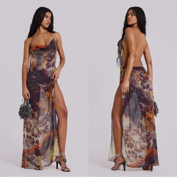 Jaded London Dahlia Cowl Beaded Backless Chiffon Maxi Dress in Lusco - Picture 1 of 8